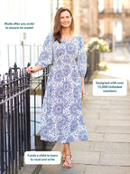 Marisol Round Neck Shirred Dress - Ecru & Blue Sun Print