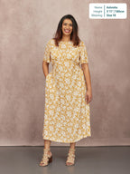 Rupali Angel Sleeve Tea Dress - Mustard & Ecru Floral Print