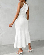 Halter Tie Criss Cross Front Knit Jacquard Textured Slit Dress Casual Hollow-out Draped Vacation Dress